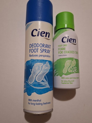 Cien foot care deodorant spray and foam used