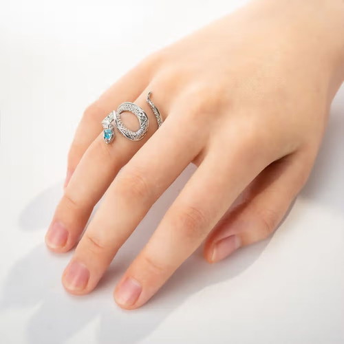 Silver S925 Snake Ring with Blue Stone, Adjustable