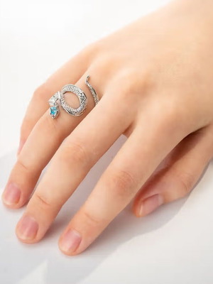 Silver S925 Snake Ring with Blue Stone, Adjustable