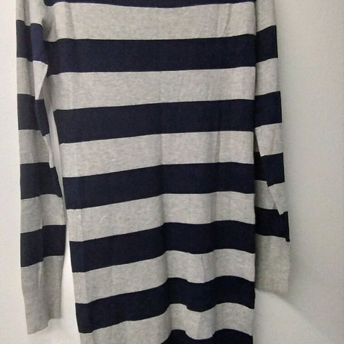 Striped blue gray blouse dress with large V neck like new