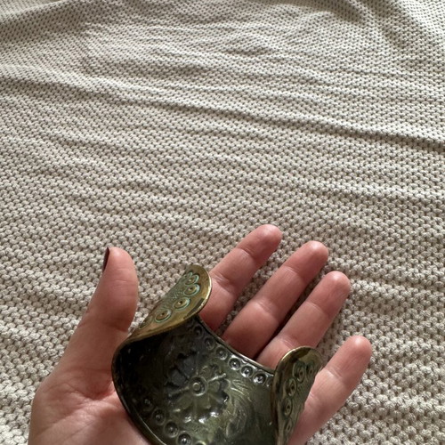 Vintage wide brass cuff bracelet with embossed floral pattern, like new