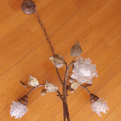 Art Nouveau 1900 French ceiling light used, gilt brass with frosted glass