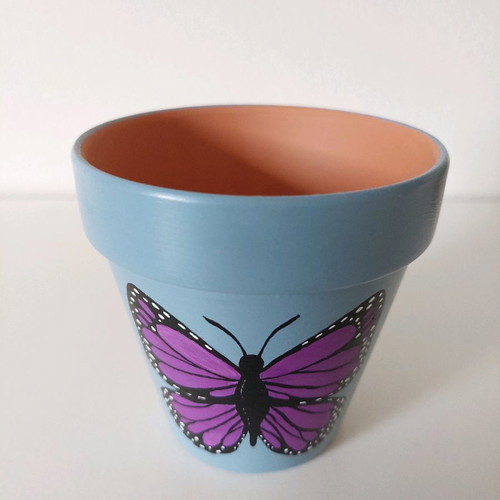 Hand-painted clay flowerpot new with butterfly design