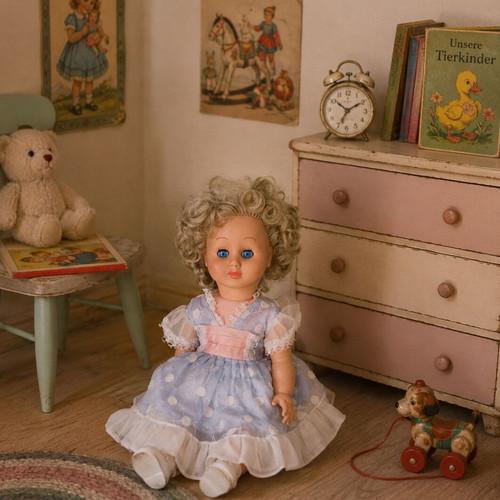 Vintage collectible doll 37 cm with blue eyes and functional "oua" mechanism used
