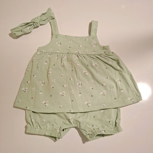 Mangoon romper dress/shorts 6-9 months new, sage green with headband