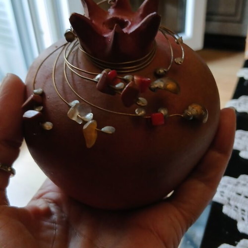 Handmade Ceramic Pomegranate with Coral and Semi-Precious Stones like new
