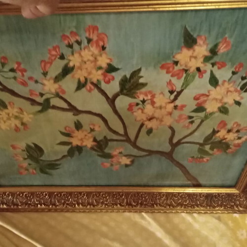 Painting like new, handmade on wood frame with gold carved almond blossoms