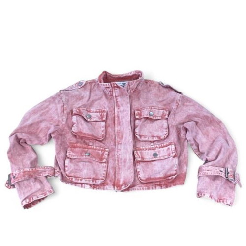 Fashion Nova Billie crop pink cargo jean jacket, acid wash with tie-dye effect