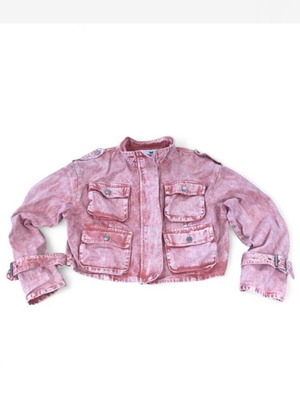 Fashion Nova Billie crop pink cargo jean jacket, acid wash with tie-dye effect