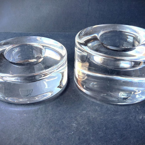 Orrefors Puck Crystal Candle Holders Set like new, Swedish design