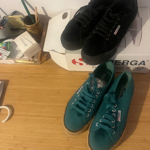 Superga black suede platform sneakers size 39 with green straw insole gift