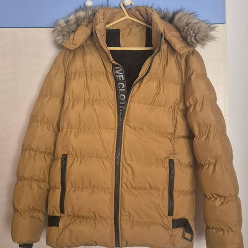 Men's mustard puffer jacket with hood like new