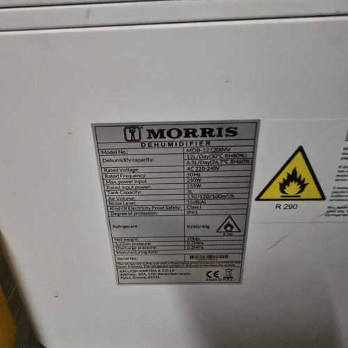 Morris MDB-12120INV 12L dehumidifier with 5-stage air filtration like new
