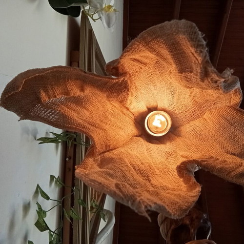 Handmade table lamp with natural driftwood and burlap