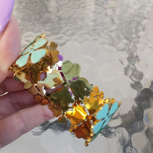 Steel Bracelet Cuff with Green Four-Leaf Clovers, New