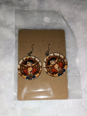 One Piece earrings new, round double-sided, 4cm mdf
