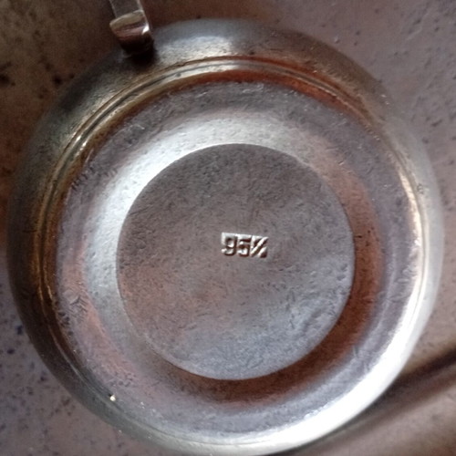 Vintage pewter serving tray with two Italian porcelain cups