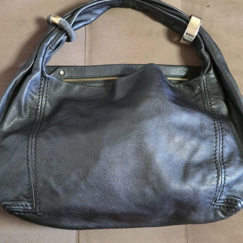 Jimmy Choo shoulder bag used, large black leather tote with gold accents