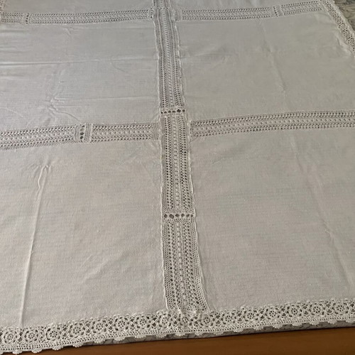 Vintage handmade dowry tablecloth with azur and crochet lace, like new