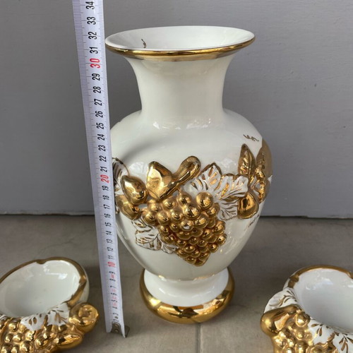 Porcelain vase gilded like new with grape designs and two ashtrays