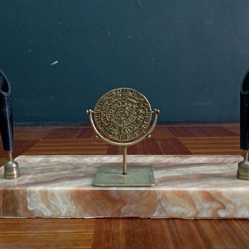 Vintage desk organizer set like new with marble base and Phaistos disc