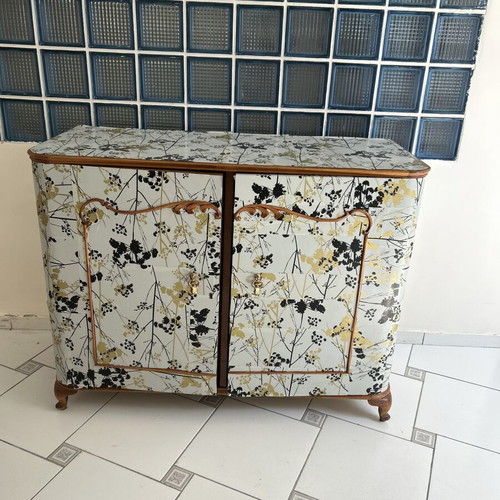 Wooden furniture with shelves and drawers, decorative sticker design