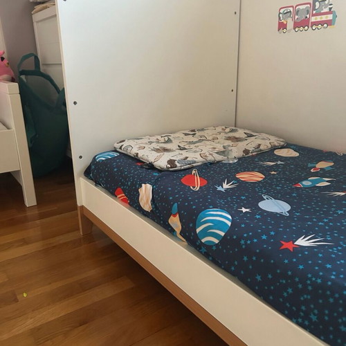 Casababy Zoom convertible baby cot and bed 70×140 with Greco Strom Thalis mattress and waterproof cover like new