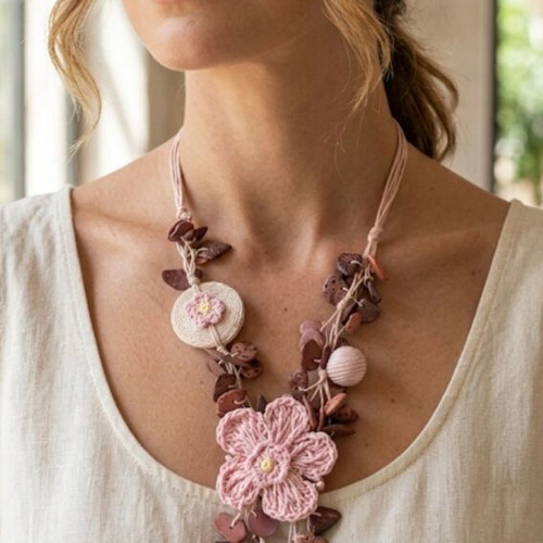 Handmade long necklace with crocheted pink flower and shells