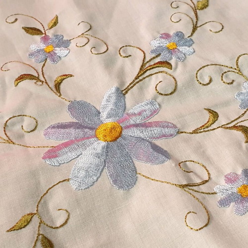 Vintage white tablecloth with floral embroidery and lace trim, 117x115cm