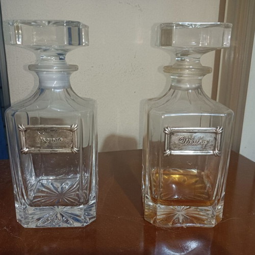 Decanter set Cognac & Whisky with metal plaques, 20cm