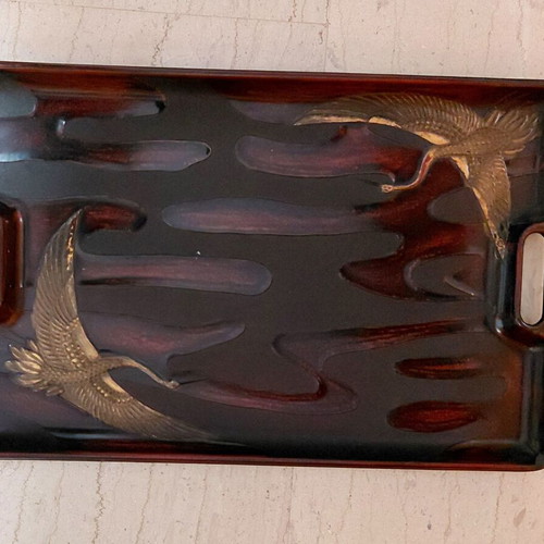 Vintage melamine tray with bronze carving