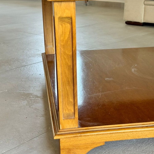 Rattan table used, walnut and glass