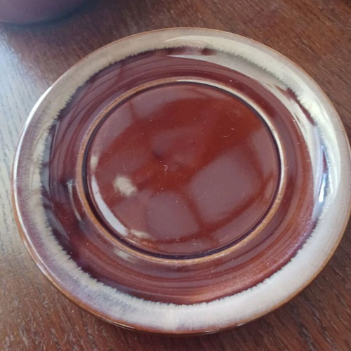 Set of 3 drip glaze pottery soup bowls with handles and plates like new