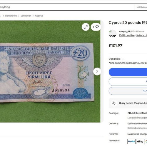 Cyprus 20 Lira 1993 banknote used, rare collectible