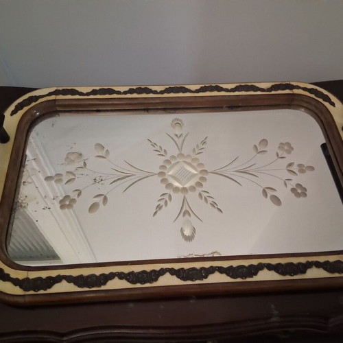 Serving tray used, wood and mirror with metal and mother-of-pearl details