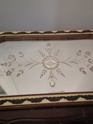 Serving tray used, wood and mirror with metal and mother-of-pearl details