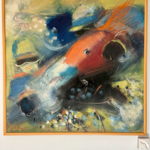 Painting Apostolos Lavdas like new with theme «Horses and Riders» 103x103 cm