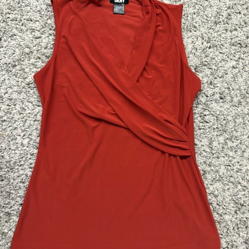 DKNY sleeveless blouse with draped wrap design, size M, like new