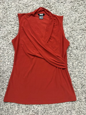 DKNY sleeveless blouse with draped wrap design, size M, like new