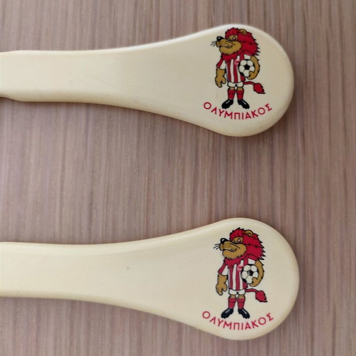 Thrileon baby spoon and fork with Olympiakos mascot, lightly used