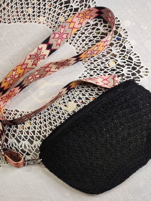 Handmade knitted banana bag used, black with colorful strap