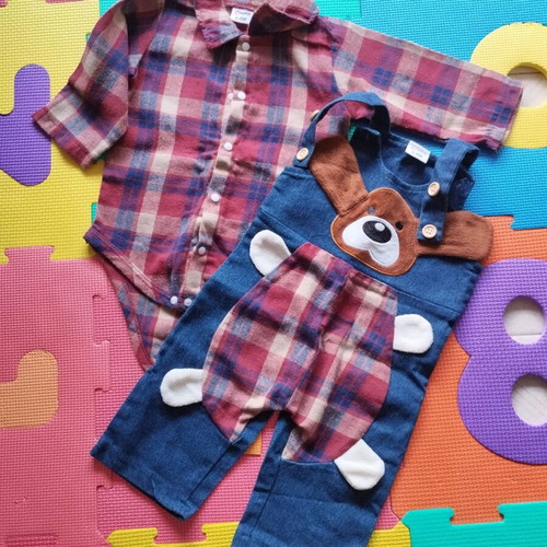 Denim overalls and checked shirt set for 3-6 months like new
