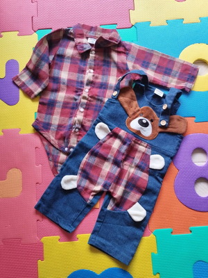 Denim overalls and checked shirt set for 3-6 months like new