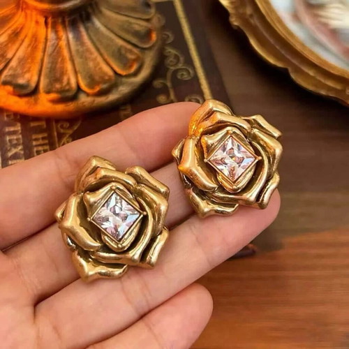 Vintage Gold Tone Rose Stud Earrings with Crystal