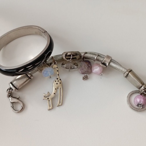 Set of 2 fashion bracelets, black enamel bangle and charm bracelet