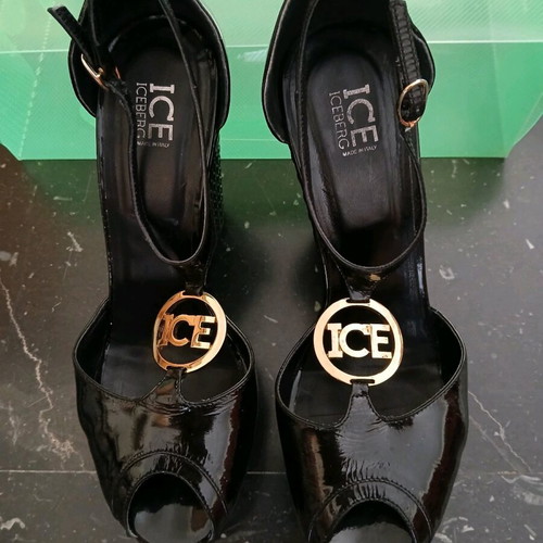 Iceberg sandals used, black patent platform wedges, size 38