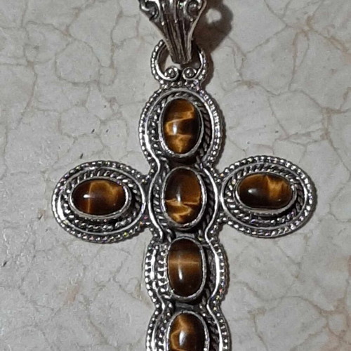 Silver 925 cross with tiger eye semi-precious stones, new