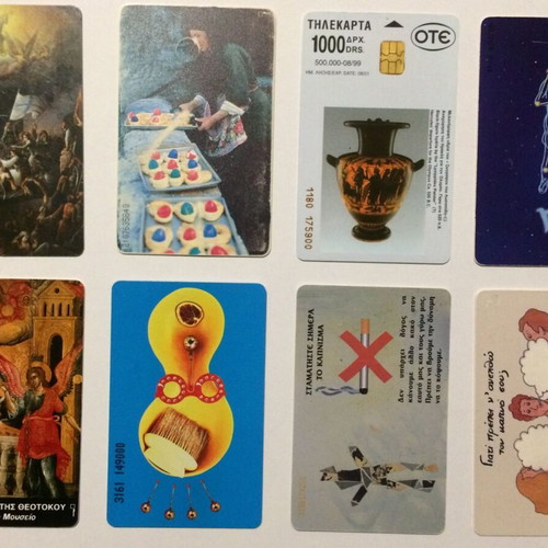 Phone cards used, pack of 8 Greek