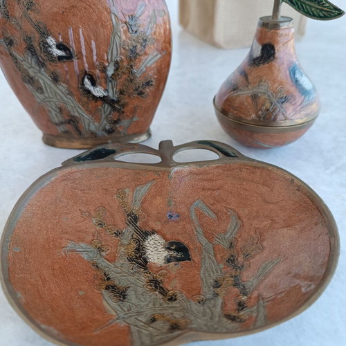 Vintage handmade decorative metal set 80's used, hand-painted