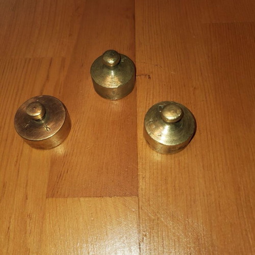 Set of 3 old brass scale weights used
